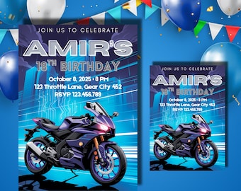Motorcycle Birthday Invitation, Editable Sports Bike Party Invite, Biker Digital Template, Boys Birthday Invitation, Fast Bike Racing Party