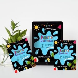 Splash birtrhday invitation, splash birthday bash, waterslide birthday party invite, editable, printable, customizable invitation template, waterslide bash birthday party, summer party invitation, summer birthday party, black and blue invite, simple