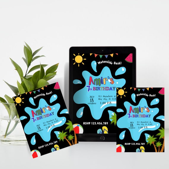 Splash Birthday Party Invitation Template, Water slide Bash Party Invite, Backyard Waterslide Invite, Editable via Canva, Digital Invite