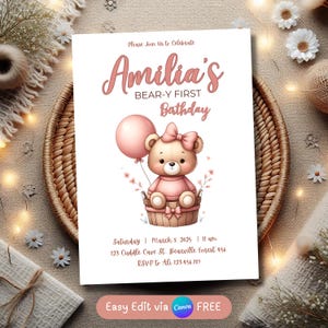 Editable Bear Theme 1st Birthday Party Invite, Beary First Birthday Invitation, Teddy Bear Birthday Invitation  for Girl, Digital Download