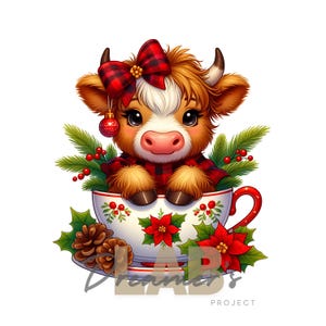 Coquette Christmas Highland Cow, Highland Cow Clip art, Christmas Animals, Highland Cows PNG, Christmas Sublimation, Holiday Clip art