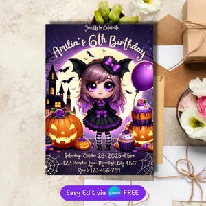 Editable Halloween Birthday Invitation, Vampirina Invite, Spooky Cute Party Invite for Girls, Digital Download, Printable Template, Bat Girl