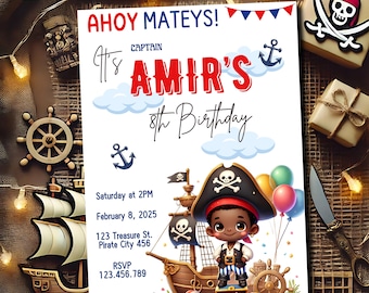 May include: Ahoy Mateys! It's Captain Amir's 8th Birthday party invitation with a pirate ship, a pirate holding a sword, and balloons. The invitation includes the date, time, and location of the party. RSVP to 123.456.789.