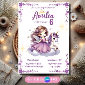 Fairy Princess Birthday Invitation - Purple Whimsical Fairy Tale Party | Purple Theme Invitation, Unicorn Invitation, Digital Invitation