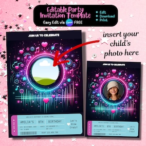 TikTok Glow Party Geburtstagseinladung, bearbeitbare Vorlage, Viral Dance Theme, Neon Girl Geburtstag, Sofort Download, Canva Invite, Ticket