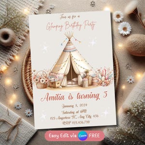 Editable Glamping Birthday Party Invitation Template | Bohemian Party Invitation | 5x7 High-Resolution Canva Editable | Instant Download
