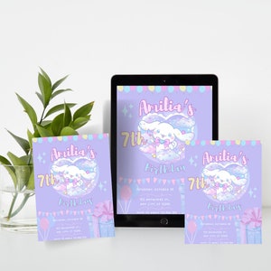 May include: Three purple and pink birthday invitations featuring a cartoon dog on a cloud. The invitations read "Amilia's 7th Birthday" and include the date, time, and location of the party.