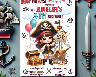 Girl Pirate Birthday Invitation, Pirate Girl Party Invite Template, Pirate Theme Invitation for Girls, Editable Pirate Birthday Invitation