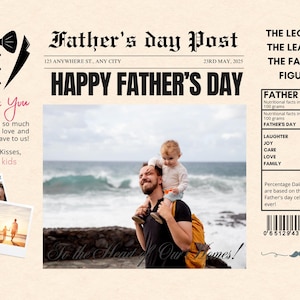 Periódico imprimible para el Día del Padre / Tarjeta divertida y editable para el Día del Padre hecha por niños / Plantilla de regalo personalizada para papá / Archivo editable en Canva