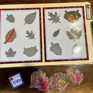 May include: A set of fall-themed learning cards with images of leaves and acorns. The cards are designed for children to match the images to the corresponding shapes. The cards are in a folder with a date written on a sticky note.