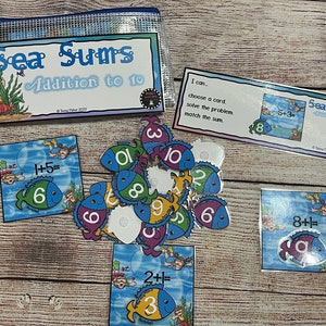 Sea Sums Single Digit Addition to 10 Kindergarten First Second Grade Math Task Box Game Center Activity Ready to Play
