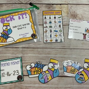 May include: A set of educational flashcards for kids featuring a sock with a face and the words "Sock It!" and "Skill: CVC Words Short o". The cards are designed to help children learn short vowel sounds and CVC words. The set includes a picture list of words with the short o sound, a word card, and a picture card.