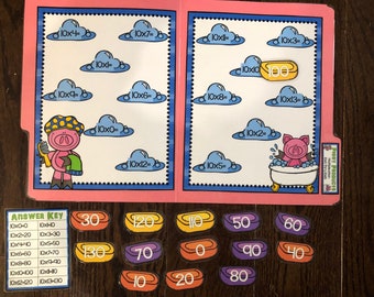 Piggy Problems Math File Folder Game Center Teacher Resource Multiplication 10 Facts 2nd 3rd Grade