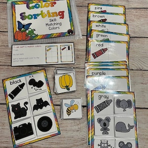 Könnte beinhalten: Ein Lernspiel zum Sortieren von Farben mit Karten, die mit Farben und passenden Bildern beschriftet sind. Das Set enthält eine Reißverschlusstasche, Farbkarten und passende Bildkarten. Der Text auf der Tasche lautet "Color Sorting: Skill: Matching Colors."