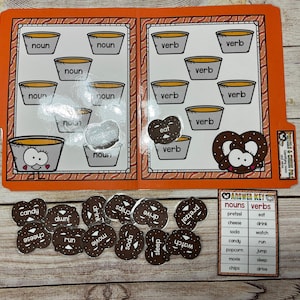 PDF VERSION Pretzels and Cheese File Folder Game Literacy Center Grammar Nouns and Verbs Sort First Second Grade