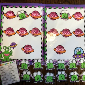 May include: A colorful educational game for kids featuring aliens and planets. The game includes multiplication problems with answers ranging from 0 to 26. The answer key is included on a separate card.