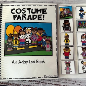 May include: A spiral-bound book titled "Costume Parade!" with a colorful illustration of children in costumes. Accompanying the book are small square cards featuring individual costume designs, perfect for interactive learning and visual aids.
