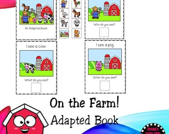 Può includere: Un libro educativo adattato intitolato On the Farm con illustrazioni colorate di animali da fattoria, un contadino e un fienile rosso. Le pagine includono suggerimenti di testo interattivi come I see a farmer, I see a cow e I see a pig.