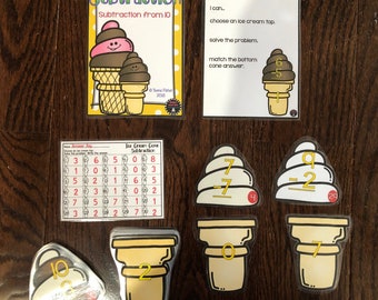 Teacher Made Ice Cream Subtraction from 10 Math Center Laminated Classroom Educational Game Common Core