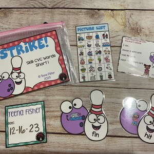 May include: Educational CVC words learning set featuring a bowling theme. Includes a pink zippered pouch with "Strike!" text, picture cards, and word cards. The set is designed for short I sound practice.