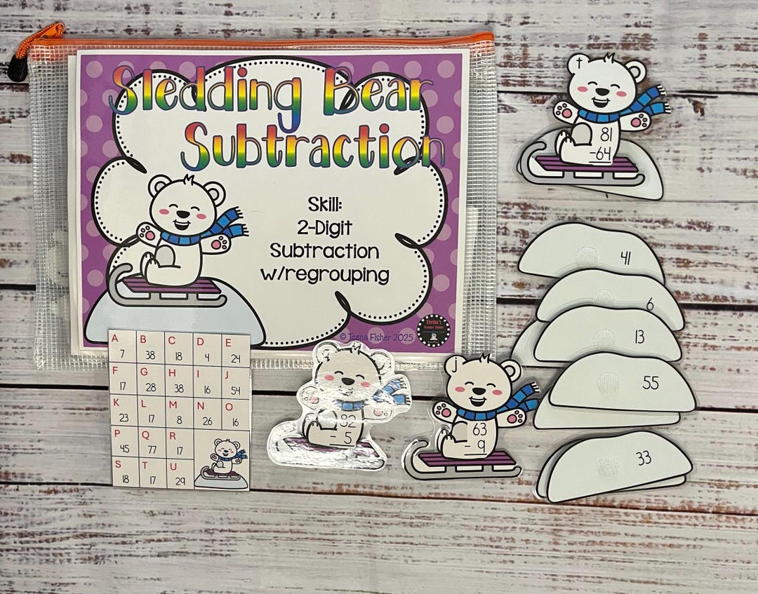 Sleighing Math Sledding Bear Subtraction 2 Digit Subtraction W/ Regrouping First ...