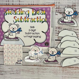 May include: A set of printable educational materials for teaching 2-digit subtraction with regrouping. The set includes a colorful worksheet with a sledding bear theme, a grid of letters and numbers, and several cut-out bear figures with math problems.