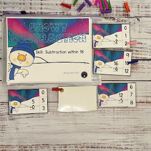 May include: A set of colorful printable subtraction flashcards featuring a snowman theme. The cards have a snowy background with a colorful aurora borealis and a snowman with a blue scarf. The cards include subtraction problems with numbers up to 18. The text on the cards reads "Snowy Subtraction" and "Skill: Subtraction within 18".