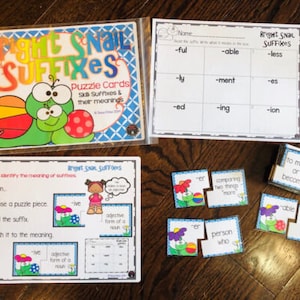 Bright Snail Suffixes Puzzles Literacy Center 1st, 2nd Grade Teacher Resource Phonics Grammar