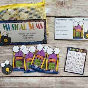 May include: A set of colorful, cartoon-style jukebox cards with addition problems for kids. The cards feature a jukebox with a record and the text "MUSICAL SUMS". The cards are designed to help children learn how to add large numbers.