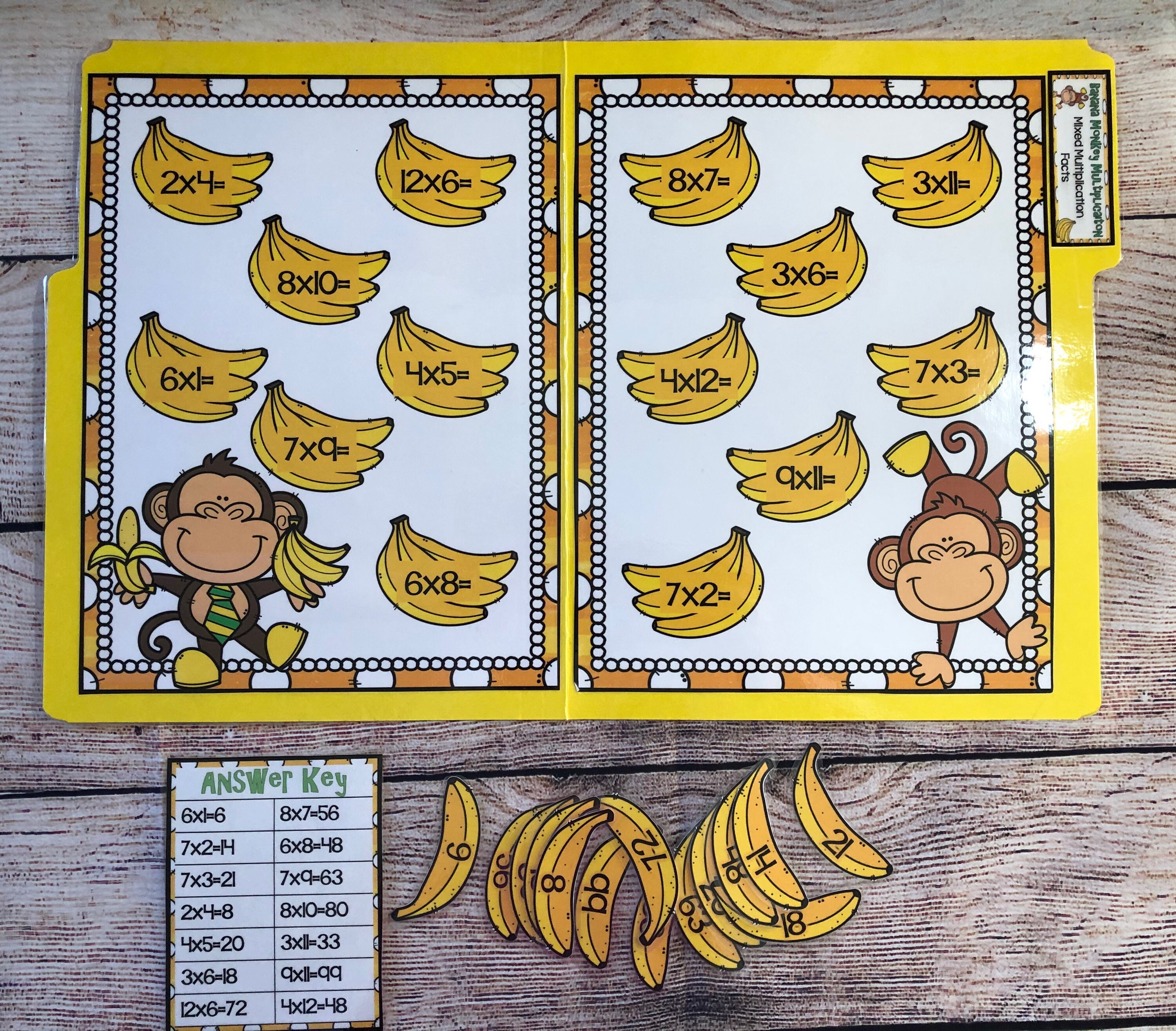 Banana Monkey Math File Folder Game Center Teacher Resource Mixed Multiplication Facts 2nd 3rd Grade