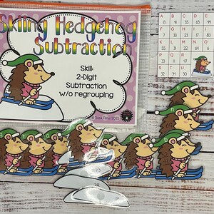 May include: A children's educational game titled "Skiing Hedgehog Subtraction." The game includes illustrated hedgehog characters on skis, a number grid, and subtraction problems. The game is designed for 2-digit subtraction without regrouping.
