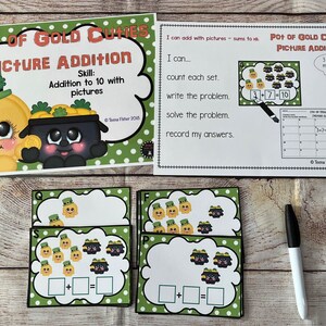 May include: A set of printable educational cards for kids featuring a pot of gold and leprechaun characters. The cards are designed to help children learn addition to 10 with pictures. The cards are green and white with a polka dot pattern. The text on the cards reads "Pot of Gold Cuties Picture Addition" and "Skill: Addition to 10 with pictures".