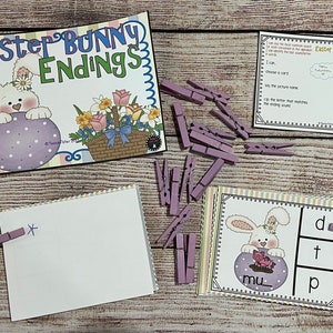 Preschool Kindergarten Easter Bunny Ending Sounds clip cards fine motor busy Bag, Quiet Time, Learning Bag, Homeschool, Phonics task box