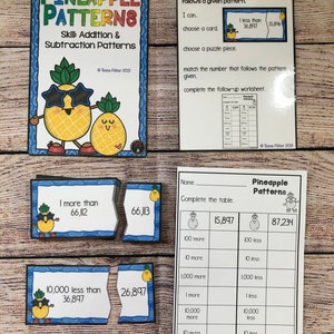 Pineapple Patterns 10 100 1000 more/less Place Value Math File Folder Game Center Teacher Resource 4th 5th Grade