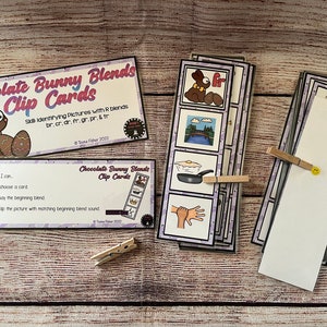 May include: A set of printable clip cards featuring a chocolate bunny with an Easter egg. The cards are designed to help children learn to identify beginning blends with the letter 'r'. The cards include pictures and the corresponding blends written on them. The text on the cards reads "Chocolate Bunny Blends Clip Cards".