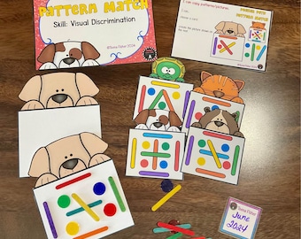 May include: An educational game for children, titled "PEEKER PETS PATTERN MATCH", featuring animal illustrations and pattern matching cards. The game includes colourful craft sticks and a card with the date "June 2024". The skill is "Visual Discrimination".