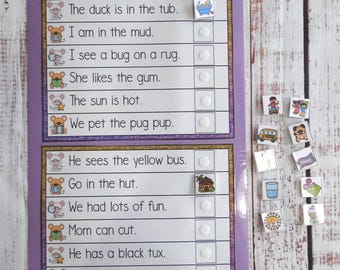 Lil' Mouse Can Read CVC Short U Sentences word families phonics match Literacy Center File Folder Game Task Box Busy Bag