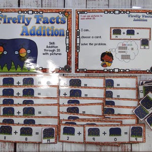 Firefly Facts Picture Addition to 20  Kindergarten First Second Grade Math Task Box Game Center Activity Ready to Play