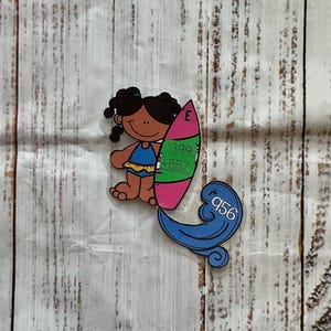 Op de afbeelding: Een cartoonillustratie van een meisje met bruin haar en huid, dat een blauwe badpak draagt en een roze surfplank vasthoudt met de nummers 399 en 557 erop. Het meisje staat op een blauwe golf met het nummer 956 erop.
