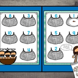 Könnte beinhalten: Eine druckbare Lernaktivität für Kinder mit einem Zählspiel mit Netzen und Fischen. Die Netze sind von 1 bis 10 nummeriert und die Fische befinden sich in einem separaten Beutel. Der Text auf der Seite lautet "Fischer von Menschen, Fähigkeit: Zählen von 1 bis 10" und "Folgt mir, und ich werde euch zu Fischern von Menschen machen." Matthäus 4:19.