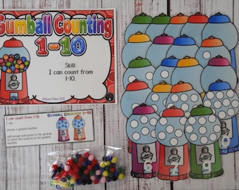 Numbers Counting 1-10 Pom Poms Gumball Cards Math Center Laminated Classroom Educational Game Task Box Busy Bag Kindergarten