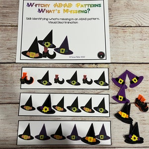 May include: A Halloween-themed educational game with the text "Witchy ABAB Patterns What's Missing?" featuring witch hats and shoes. The game focuses on identifying missing elements in ABAB patterns, promoting visual discrimination skills.