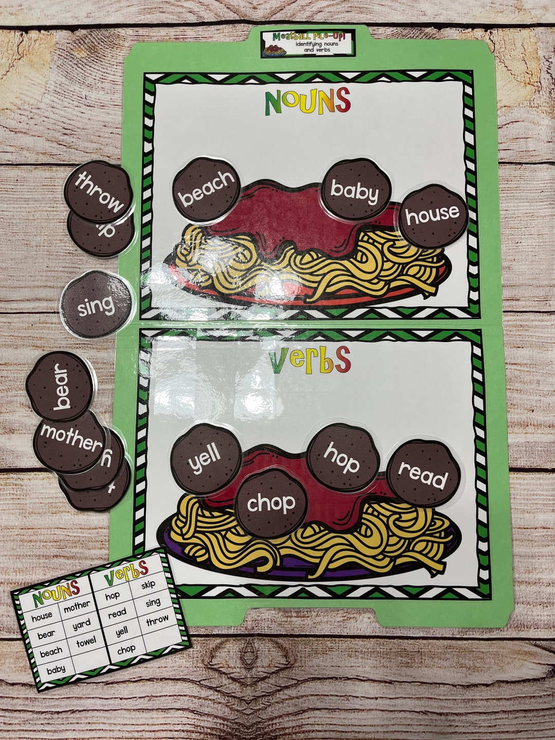 Meatball Pile up File Folder Game Literacy Center Grammar Nouns and