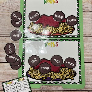 Versão em pdf almôndega empilhar pasta de arquivos jogo centro de alfabetização gramática substantivos e verbos classificar primeiro segundo grau