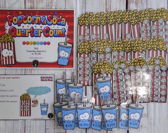 Popcorn & Soda Money Counting Quarters First Grade Kindergarten Math Teacher Made Centers Learning Resource Task Box Activity
