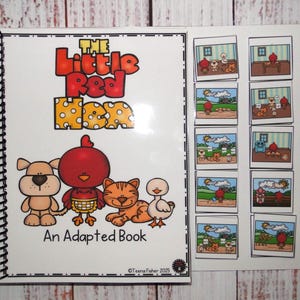 May include: A spiral-bound adapted book titled The Little Red Hen with a white cover featuring a red hen, a tan dog, an orange cat, and a white duck. The cover includes the text An Adapted Book and Teena Fisher 2025. A separate sheet displays ten small square illustrations depicting scenes from the story.