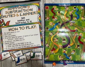 Puede incluir: Un tablero de juego colorido con un fondo verde y una pieza de juego en el espacio número 3. El juego se llama "Chutes & Ladders" y presenta problemas de suma y resta para niños. El tablero de juego incluye escaleras y toboganes, y el objetivo es ser el primer jugador en llegar al espacio 100.