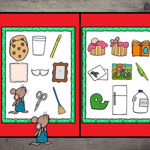 May include: A red folder with a green border contains illustrations for a "Mouse and Cookie Picture Match" game. The images include a cookie, milk, a pencil, a cupcake, a book, a mouse, scissors, and a broom.