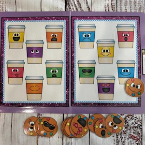 May include: A purple folder with a coffee cup theme. The folder has two panels with colorful coffee cups with different facial expressions. Several cookie-shaped pieces with faces are also included. The text "Visual Discrimination" is visible.