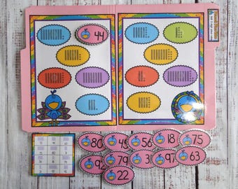 Peacock Place Value Teacher Made 2-digit numbers base 10 Math File Folder Game Centers Activity